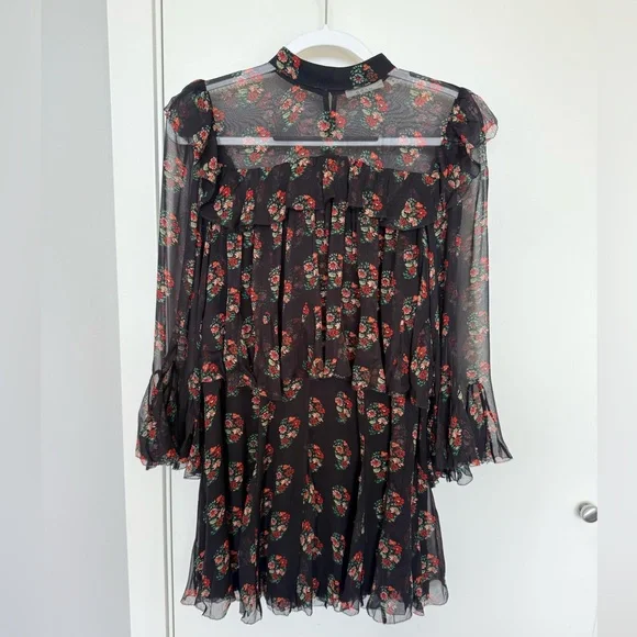 DÔEN Alette Ruffled Tiered Floral-print Silk-georgette Mini Dress - Black size S - Picture 7 of 12